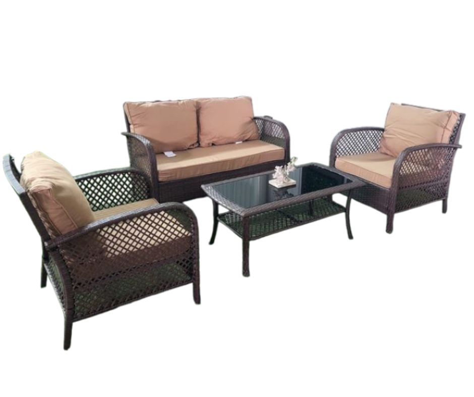 JUEGO TERRAZA 4 PIEZAS RATTAN 2 SILLAS, 1 SOFA DOBLE, MESITA, OUTTER HL-4S-19061 (014-HG-17032-BRO) BELLEZE