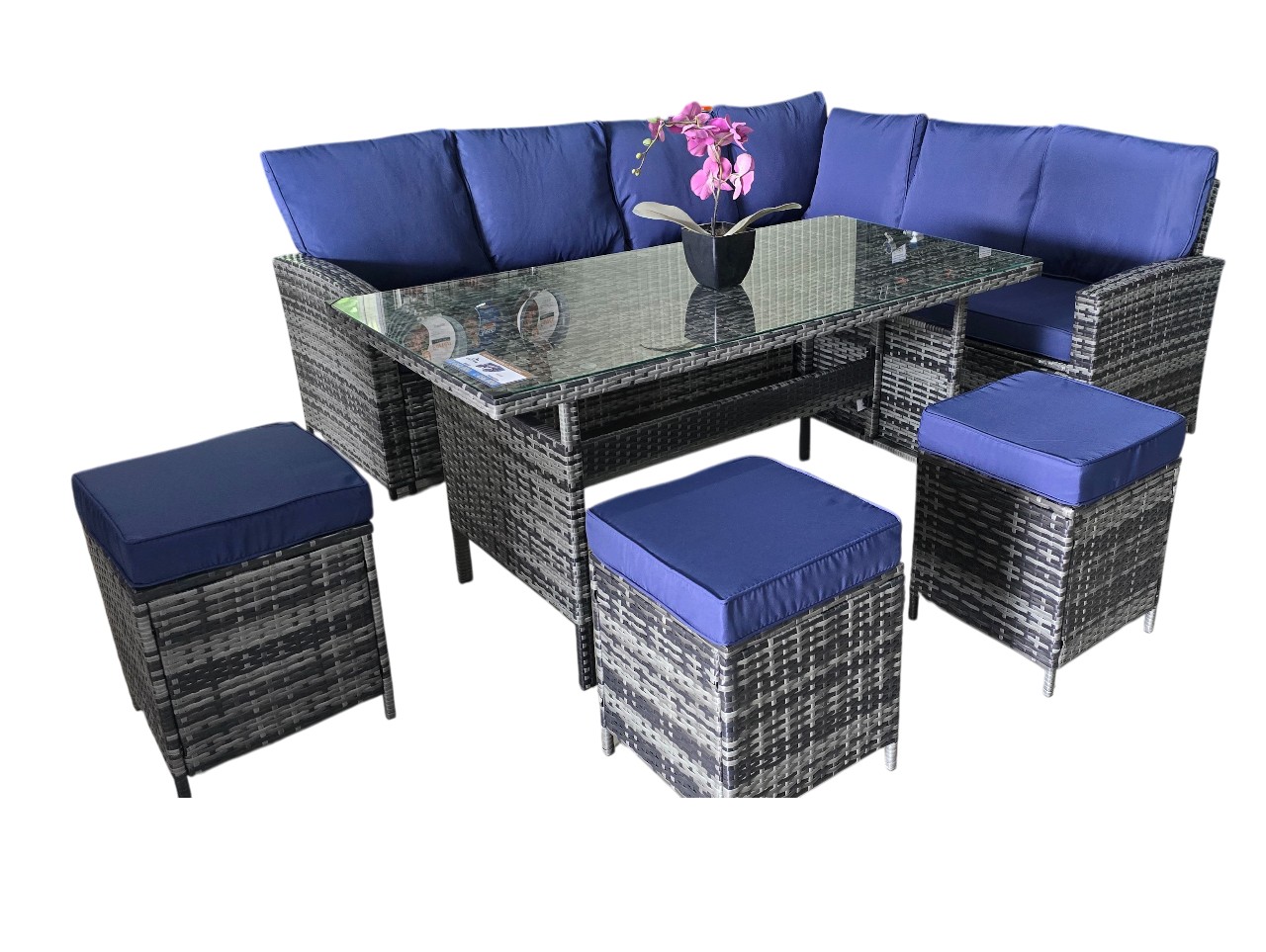 JUEGO TERRAZA 6 PIEZAS DINNING SET OUTTER, SOFA "L" ESQUINERO, 3 BUTAKAS, MESA VIDRIO TEMPLADO OUTTER TE12370