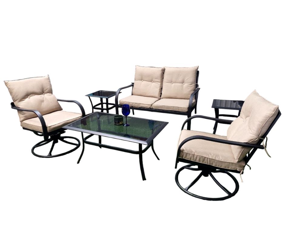 JUEGO TERRAZA 6 PIEZAS METAL 3 MESITAS, 2 SILLAS GIRATORIAS, 1 SOFA DOBLE, OUTTER