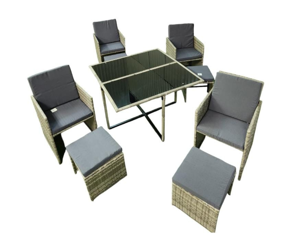 JUEGO TERRAZA 9 PIEZAS CON MESA VIDRIO TEMPER, 4 SILLAS, 4 BUTAKAS, RATTAN SINT, OUTTER COM1240